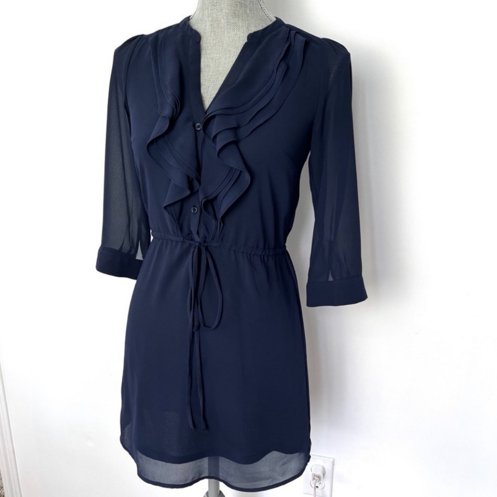 H&M Navy Ruffle Front Mini Dress 3/4 Sleeve Tie Waist 2